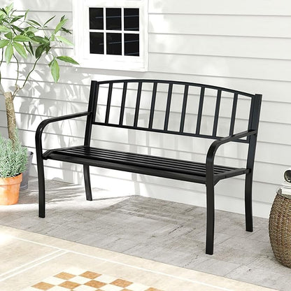 Giantex Metal Outdoor Bench, Patio Garden Bench with Backrest, Curved Armrests, Slatted Seat for 2-3 Persons, 660 LBS, Heavy-Duty Outside Seating Loveseat for Yard, Porch, Park, Black