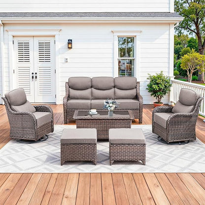 Luxury High Back Patio Furniture Set with 6-Inch Thick Cushions, 6-Pieces Outdoor Furniture with Swivel Chairs, Wicker Conversation Set for Porch, Balcony, Deck and Yard, Brown/Grey