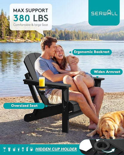 SERWALL Folding Adirondack Chair Set of 4, Weather Resistant HIPS Patio Chairs with Cup Holder for Garden Outdoors Fire Pit - Black