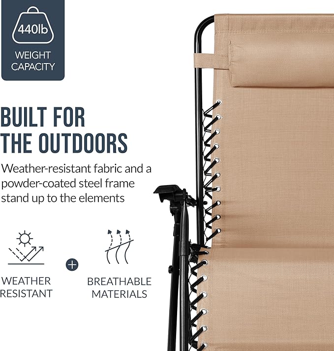 Best Choice Products Set of 2 Extra Wide Adjustable Steel Mesh Zero Gravity Lounge Chair Recliners w/Pillows and Cup Holder Trays - Sand