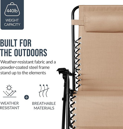 Best Choice Products Set of 2 Extra Wide Adjustable Steel Mesh Zero Gravity Lounge Chair Recliners w/Pillows and Cup Holder Trays - Sand