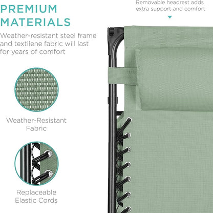 Best Choice Products Folding Zero Gravity Outdoor Recliner Patio Lounge Chair w/Adjustable Canopy Shade, Headrest, Side Accessory Tray, Textilene Mesh - Sage Green
