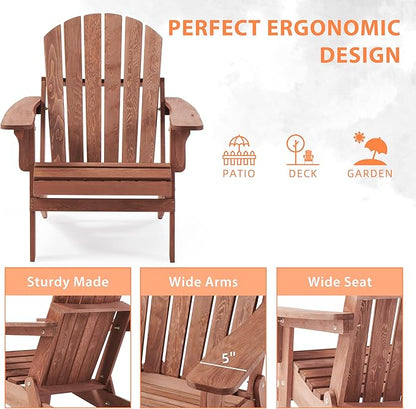 Oversized Wooden Folding Adirondack Chair with Pre-Assembled Backrest and Seat Board, Lounge Chair for Outdoor Patio Garden Lawn Backyard Firepit Deck Pool Beach