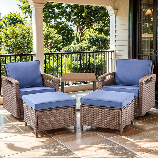 Luxury Outdoor Swivel Rocker Patio Chairs with Metal Side Table - 5 Piece Heavy Duty Furniture Set All Weather Wicker Conversation Set with 2 Ottomans for Porch Poolside and Deck - Blue