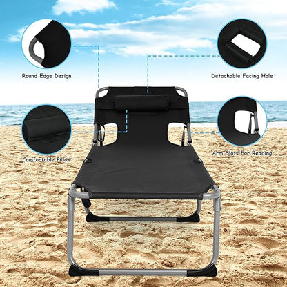 GYMAX Tanning Chair, Folding Beach Lounger with Face Arm Hole, Adjustable Backrest, Side Pocket, Pillow & Carry Handle, Outside Sunbathing Lounge Chair for Patio, Poolside, Lawn (1, Black)
