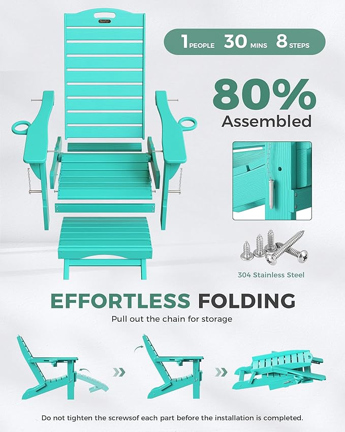 Folding Adirondack Chairs Set of 6,Adirondack Chair with Retractable Ottoman,Plastic Adirondack Chairs with 2 Cup Holder,Weather Resistant Patio Chair,Outdoor Chairs Set of 6(Lake Blue)