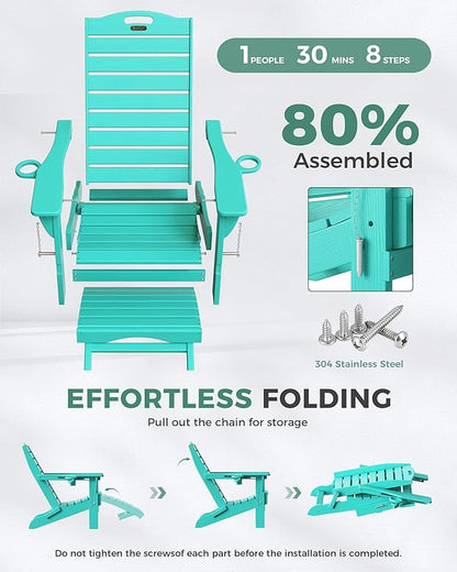 Folding Adirondack Chair with Retractable Ottoman Weather Resistant Fire Pit Chair Patio Chair with 2 Cup Holder Lawn Outdoor Lounge Chair (Lake Blue)
