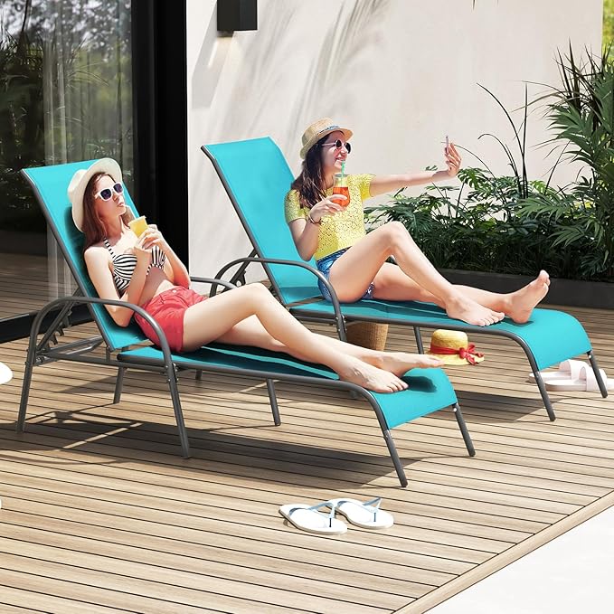 COSTWAY Outdoor Lounge Chairs Set of 2, Patio Chaise Lounge Recliner with Heavy Duty Steel Frame, 5-Position Adjustable Backrest for Deck, Beach, Pool (2, Turquoise)