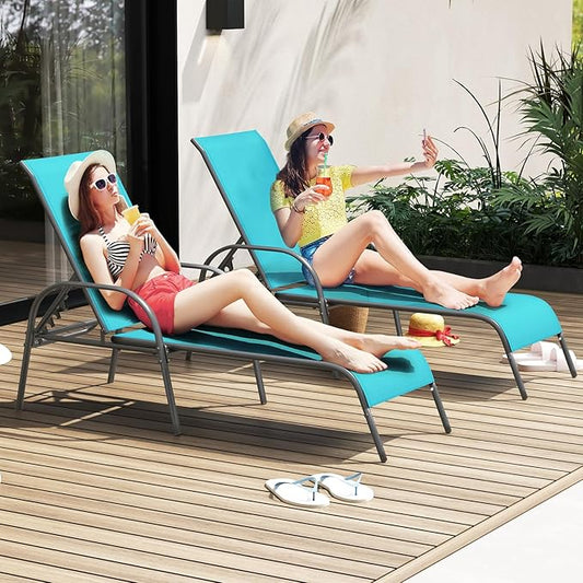 COSTWAY Outdoor Lounge Chairs Set of 2, Patio Chaise Lounge Recliner with Heavy Duty Steel Frame, 5-Position Adjustable Backrest for Deck, Beach, Pool (2, Turquoise)