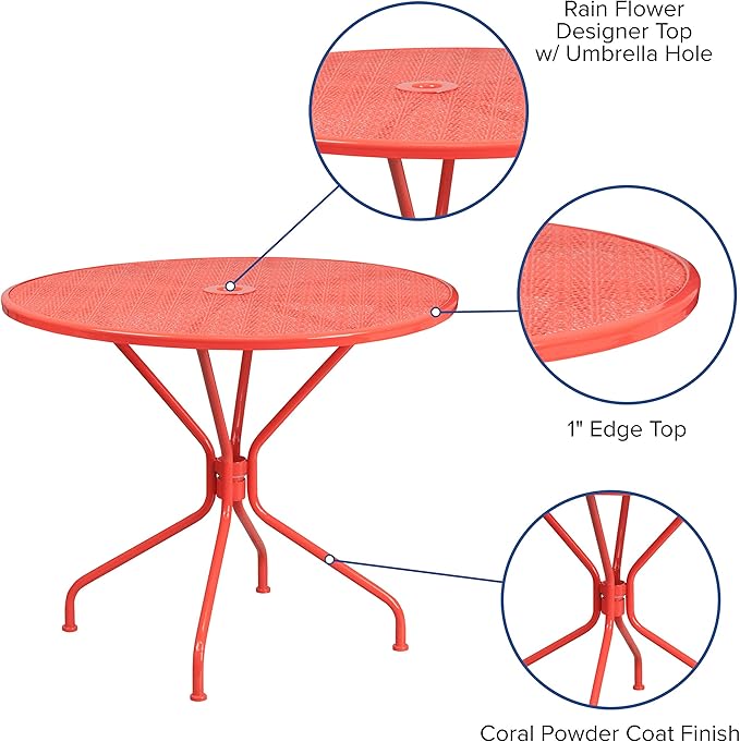 Flash Furniture Oia Commercial Grade 35.25" Round Coral Indoor-Outdoor Steel Patio Table with Umbrella Hole - Photo 4