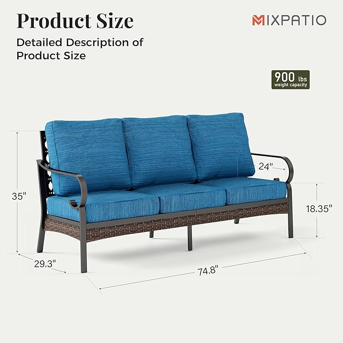 Patio Furniture Sofa, 3-Seat Patio Sofa Steel Frame Outdoor Sectional Couch with Deep Seating and 5.75” Cushions for Lawn Backyard Porch Deck, Peacock Blue