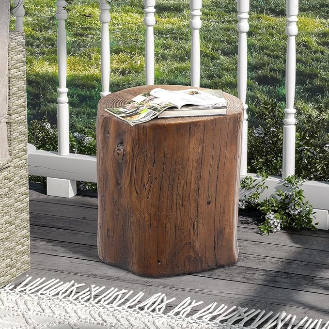 SUNBURY Outdoor Side Table Set of 2, Tree Stump Side Table Brown Colored Faux Wood, Wood Stump Stool - Photo 2