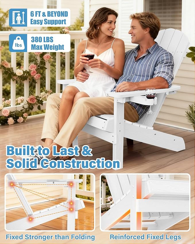 YEFU Adirondack Chair for Outdoor Patio: Zero Gravity Fire Pit Chair Plastic with Cup Holder & Wood Texture - Sturdy All-Weather HIPS for Backyard Poolside Lawn - Easy Assembly(White)