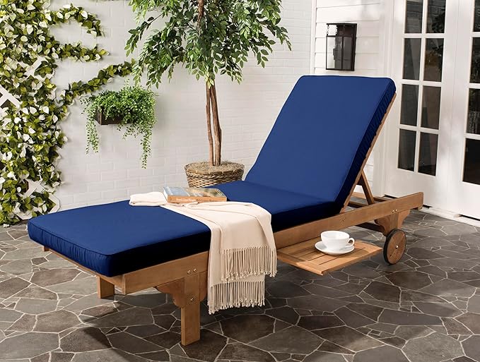 SAFAVIEH Outdoor Collection Newport Natural/ Navy Cushion Built-in Side Table Adjustable Chaise Lounge Chair