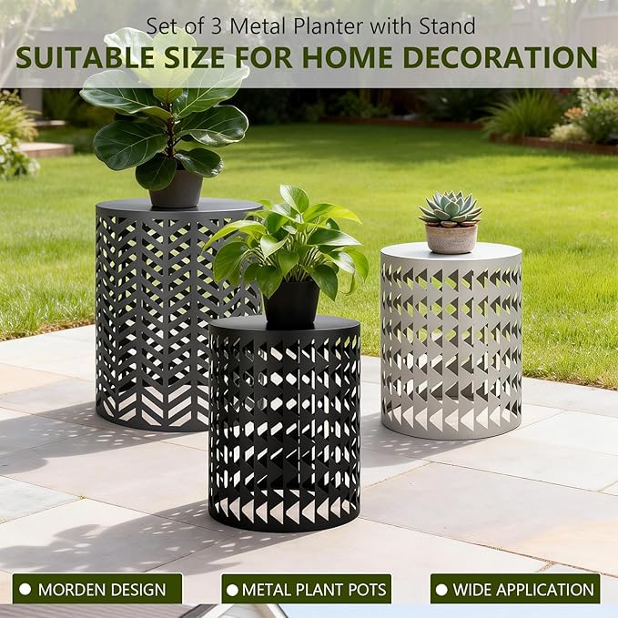 Multifunctional Nesting Round Metal Coffee End Tables, Set of 3 Modern Furniture Nightstands Decor Side Tables Plant Stand for Home Office Indoor Garden Outdoor Black & Gray