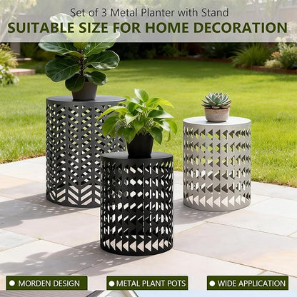 Multifunctional Nesting Round Metal Coffee End Tables, Set of 3 Modern Furniture Nightstands Decor Side Tables Plant Stand for Home Office Indoor Garden Outdoor Black & Gray