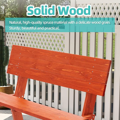 AVAWING Outdoor Convertible Bench, 2-in-1 Transforming Picnic Table Bench, Wooden Garden Bench for Backyard, Porch, Patio, Tangerine