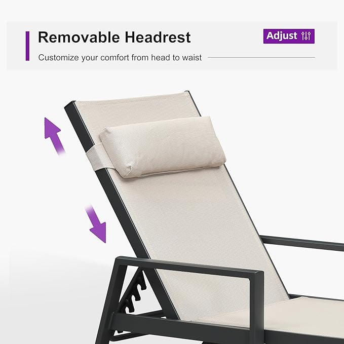 PURPLE LEAF Patio Lounge Chair Set of 3 Outdoor Chaise Lounger Aluminum Frame with Armrest Side Table and Wheels for - Photo 5