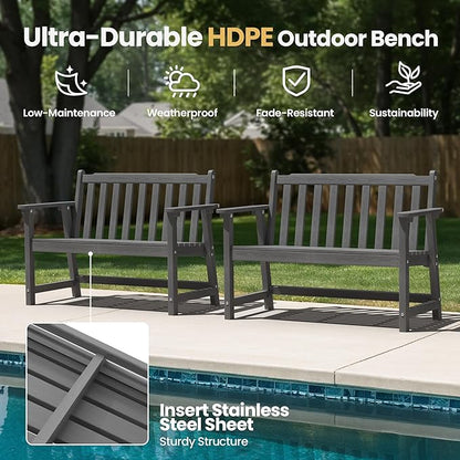 Ciokea 48" Outdoor Bench, HDPE Weatherproof Porch Bench, 2-Person Garden Benches with 550 Lbs, Waterproof Patio Benches for Outside Balcony Deck Backyard, Dark Grey