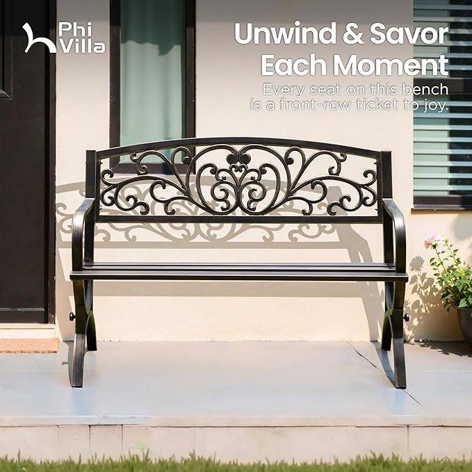PHI VILLA 50" Garden Bench Outdoor Bench Patio Bench for Outdoors Metal Porch Steel Frame Furniture for Yard