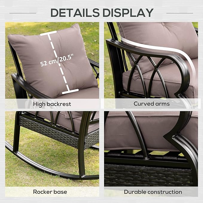 Outsunny Outdoor Wicker Rocking Chair with Padded Cushions, Aluminum Furniture Rattan Porch Rocker Chair w/Armrest for Garden, Patio, and Backyard, Gray