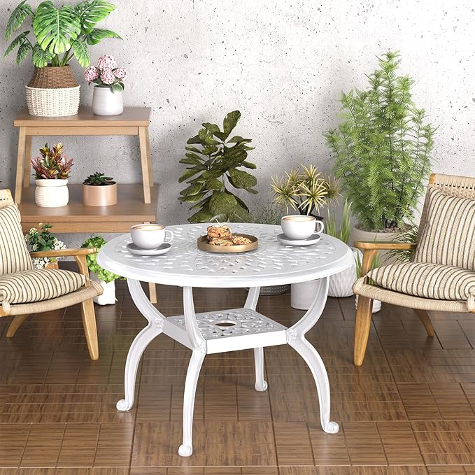 Round Outdoor Coffee Table Set of 2, Cast Aluminum Side Table with Storage,Indoor End Table, All-Weather Bistro Table for Patio Garden Lawn, White