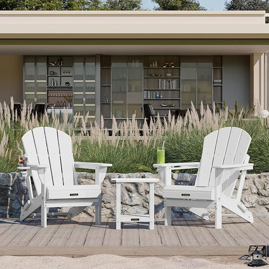 Ciokea Folding Adirondack Chair 2 Pack+ Adirondack Outdoor Side Table 1 Pack (White)