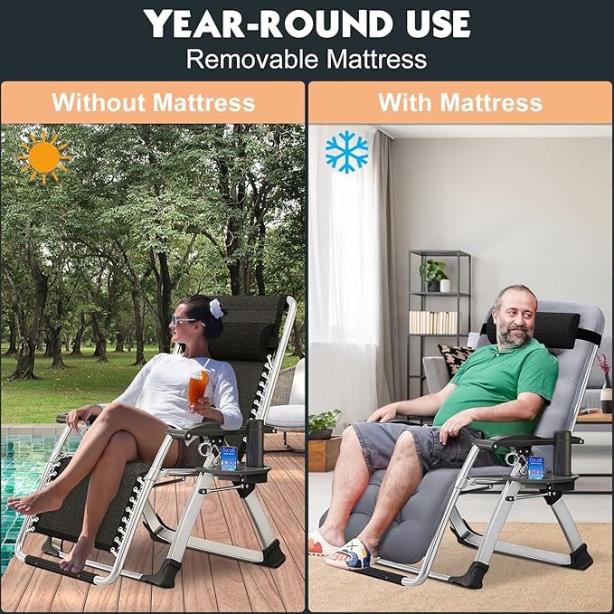 MOPHOTO Zero Gravity Chair, Outdoor Padded Lounge Chair with Side Table, Zero Gravity Recliner Chair, Outdoor Reclining Chair, Sturdy & Comfortable, Supports up to 440lbs