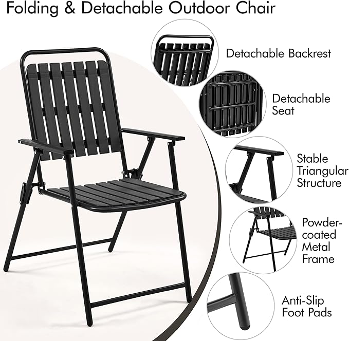 Yaheetech Folding Patio Chair Set of 2, Outdoor Dining Chair with Armrests, Plastic Patio Chair for Porch, Deck, Garden, Backyard, No Assembly Black