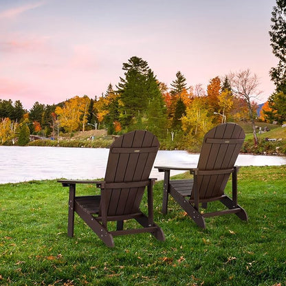 Adirondack Chairs Set of 2, All Weather Resistant Plastic Chairs with Cup Holder, 5 Easy Steps to Install, Outdoor Chairs for Patio, Garden, Backyard Deck, Lawn, Fire Pit - Brown