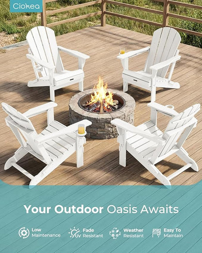 Ciokea Folding Adirondack Chair Wood Texture, Patio Adirondack Chair Weather Resistant, Plastic Fire Pit Chair with Cup Holder, Lawn Chair for Outdoor Porch Garden Backyard Deck (White)