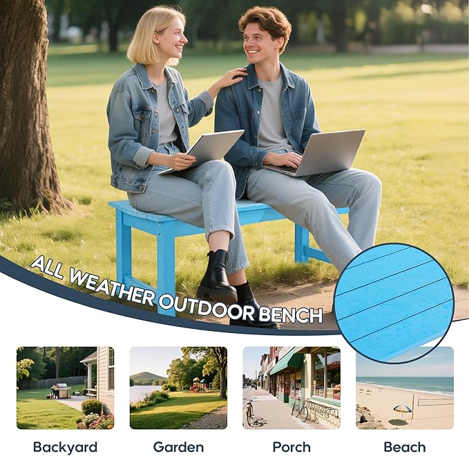 Weatherproof HIPS Outdoor Bench, 2-Person Patio Dining Bench, All-Weather Poly Lumber Garden Bench, Never Rot or Fade, Park Bench with Wood Grains for Porch, Garden, Deck, Entryway, Blue