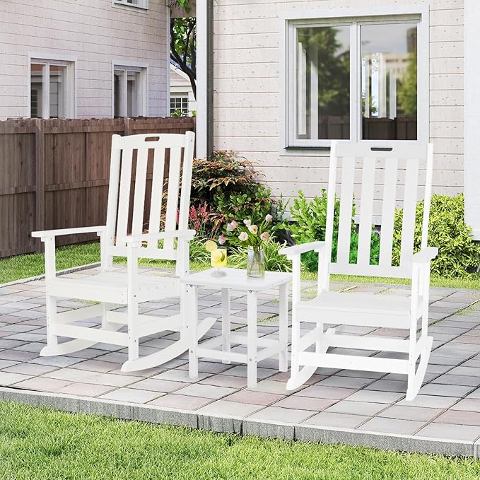 Aoodor Outdoor Rocking Chair, Ergonomic HDPE Rockers with All-Weather Design for Patio or Porch, Color White,Set of 4