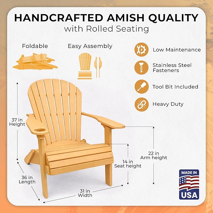 Ecommersify Folding Adirondack Chair with Cup Holder - (Cedar) - Heavy Duty Recycled Poly Lumber Folding Chair - Amish Crafted Outdoor Furniture - Made in USA