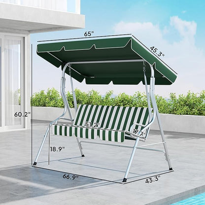 Outsunny 3-Person Porch Swing with Canopy, Patio Swing Chair, Outdoor Canopy Swing Bench with Adjustable Shade, Cushion and Steel Frame, Green & White Striped