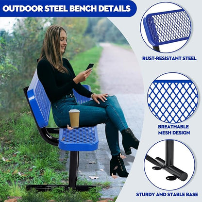 Outdoor Garden Bench, Cast Iron Metal Frame Patio Park Bench with Backrest, Portable Expanded Metal Black Bench, Commercial-Grade Outdoor Seating for Lawn, Patio, Park, Yard, Garden (Blue, 8FT/96'')