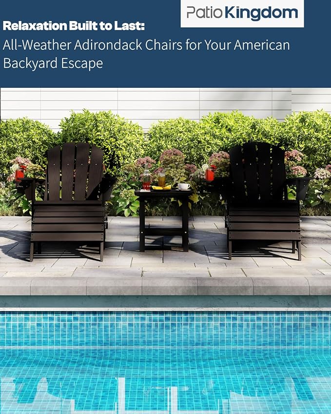 Adirondack Chair with Footrest,Folding Adirondack Chair with Retractable Ottoman,HDPE All Weather Fire Pit Chair with Cup Holder,2-Piece (Black, 1 Chair &1 footrest)