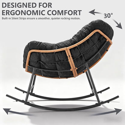 Outdoor Rocking Chair, Oversized Papasan Reading Chair Indoor with Thick Cushion, Comfy Rattan Rocker Egg Chair for Patio, Garden, Balcony, Lawn, Backyard, Bedroom, up to 450lbs, Black