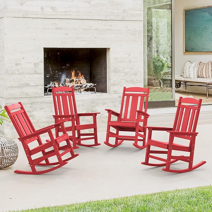 LUE BONA Rocking Chair Outdoor, Weather Resistant Poly Plastic Rocker Chairs, 350lb Heavy Duty, Oversized Porch Rocker for Adult, High Back Smooth Rocking Chairs for Outdoor & Indoor, Bright Red