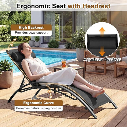 Tangkula Lounge Chairs Outdoor Set of 2, Heavy-Duty Patio Chaise Lounges with 5-Position Backrest & Breathable Seat Fabric, Outside Beach Pool Sunbathing Recliner for Backyard, Poolside (Black)