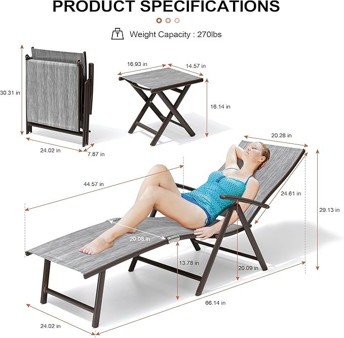 Crestlive Products 2PCS Chaise Lounge Chair Outdoor with 1PC Side Table, Aluminum Folding Patio Recliner Chair, Adjustable 8 Positions Assemble-Free