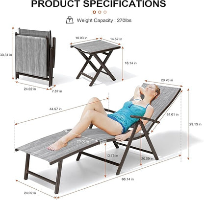 Crestlive Products 2PCS Chaise Lounge Chair Outdoor with 1PC Side Table, Aluminum Folding Patio Recliner Chair, Adjustable 8 Positions Assemble-Free