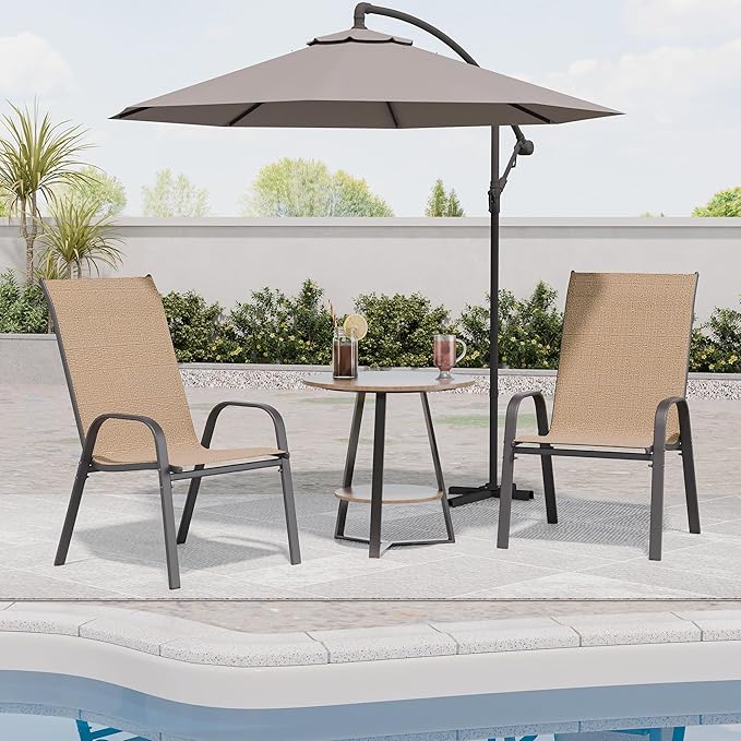 Patio Chairs Set of 2, Outdoor Dining Chairs Stackable for All Weather, Breathable Metal Modern Outside Furniture Chair for Pool Side, Garden, Backyard Deck, Brown