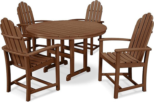 POLYWOOD Classic Adirondack 5-Piece Outdoor Dining Set - Teak Color - All-Weather HDPE Patio Furniture - Table and 4 Chairs - Fade-Resistant Garden Dining Furniture