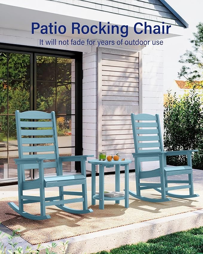 YEFU Outdoor Rocking Chair Set of 4,Poly Porch Rocker with Curved Backrest,All Weather Patio Rocking Chair,Like Real Wood,for Indoor,Lawn, Backyard,Garden,Heavy Duty,Weight Capacity 380lbs(Blue)