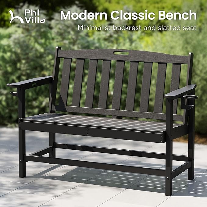 PHI Villa 50 Inch HDPE Outdoor Garden Bench, Park Bench with Reinforced Support Structure, 700 lbs Capacity, 2 Seat All Weather Bench for Outdoors, Patio, Park, Yard and Porch, Black