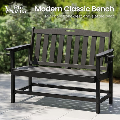 PHI Villa 50 Inch HDPE Outdoor Garden Bench, Park Bench with Reinforced Support Structure, 700 lbs Capacity, 2 Seat All Weather Bench for Outdoors, Patio, Park, Yard and Porch, Black