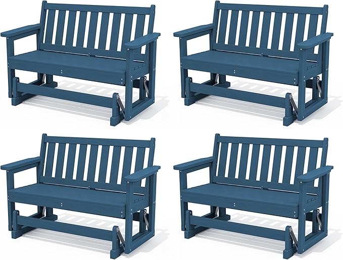 SERWALL Outdoor Glider Bench Set of 4, HDPE Weather-Resistant Swinging Bench for Backyard Garden Porch, Deep Navy