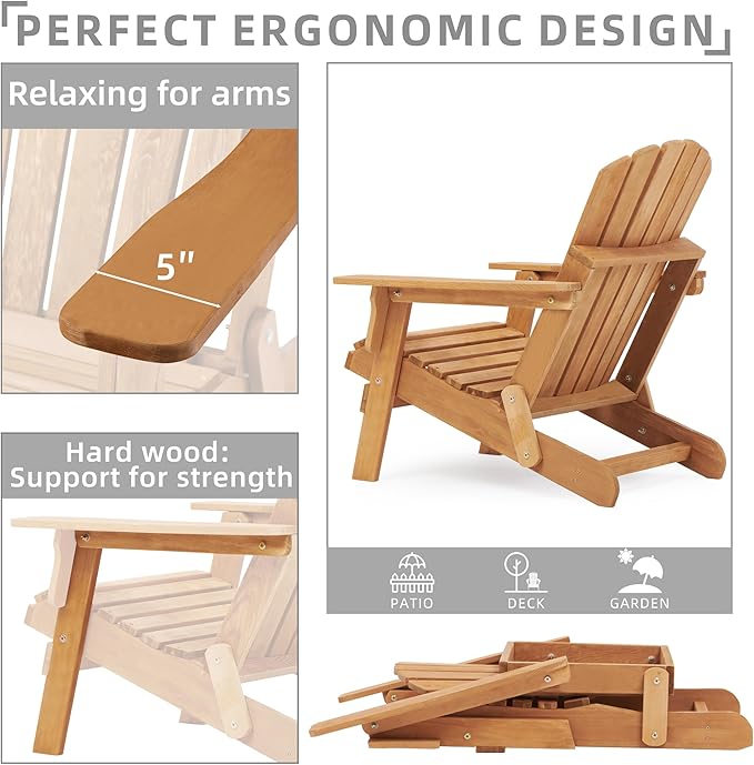 Oversize Wooden Outdoor Folding Adirondack Chair with Pre-Assembled BackRest & SeatBoard, Wood Patio Chair for Garden Backyard Porch Pool Deck Firepit