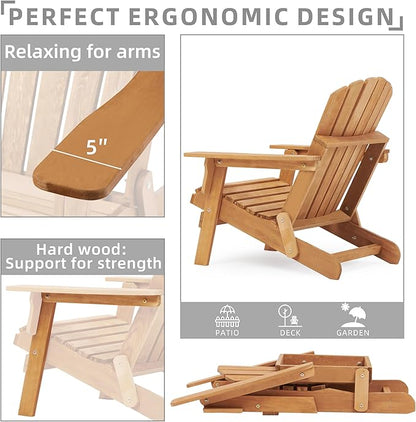 Oversize Wooden Outdoor Folding Adirondack Chair with Pre-Assembled BackRest & SeatBoard, Wood Patio Chair for Garden Backyard Porch Pool Deck Firepit